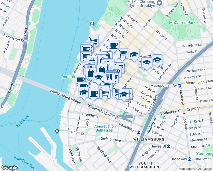 map of restaurants, bars, coffee shops, grocery stores, and more near 100 South 1st Street in Brooklyn