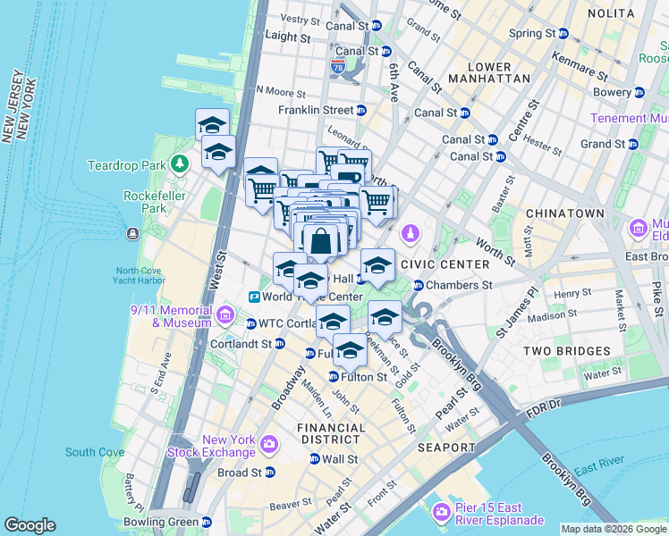 map of restaurants, bars, coffee shops, grocery stores, and more near 165 Church Street in New York