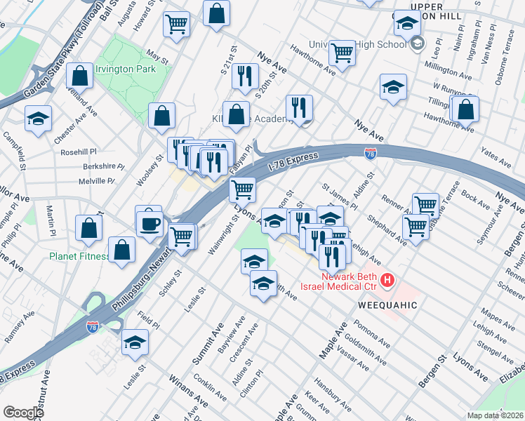map of restaurants, bars, coffee shops, grocery stores, and more near 275 Leslie Street in Newark