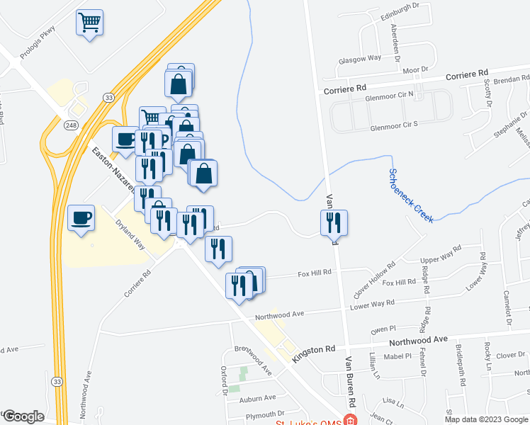 map of restaurants, bars, coffee shops, grocery stores, and more near 3630 Corriere Road in Easton