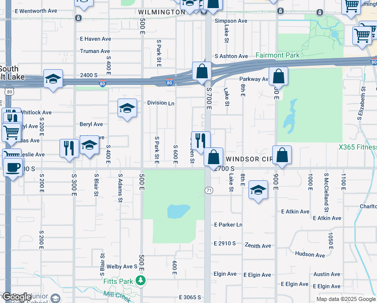 map of restaurants, bars, coffee shops, grocery stores, and more near 2580 South Green Street in Salt Lake City