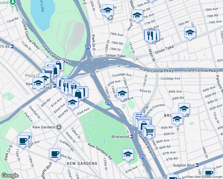 map of restaurants, bars, coffee shops, grocery stores, and more near 82-24 135th Street in Queens