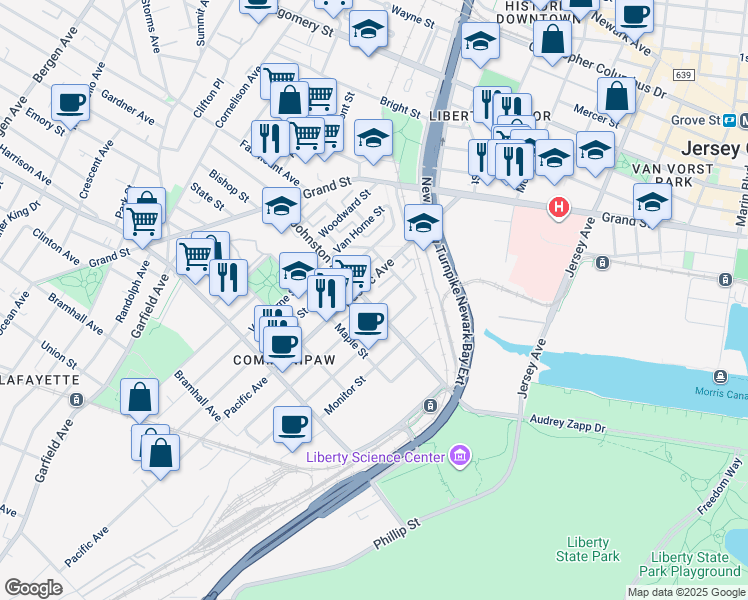map of restaurants, bars, coffee shops, grocery stores, and more near 342 Johnston Avenue in Jersey City