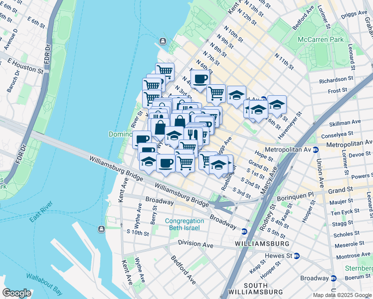 map of restaurants, bars, coffee shops, grocery stores, and more near 115 South 2nd Street in Brooklyn