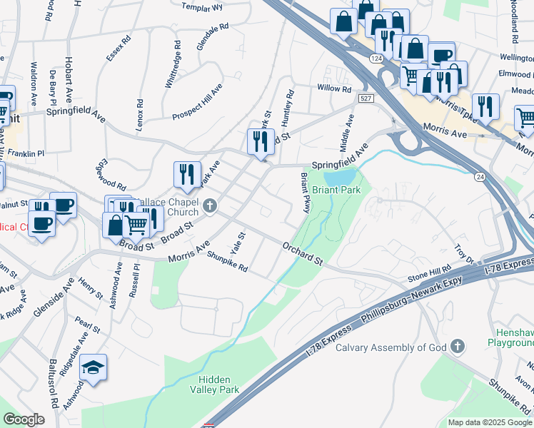 map of restaurants, bars, coffee shops, grocery stores, and more near 7 Edison Drive in Summit