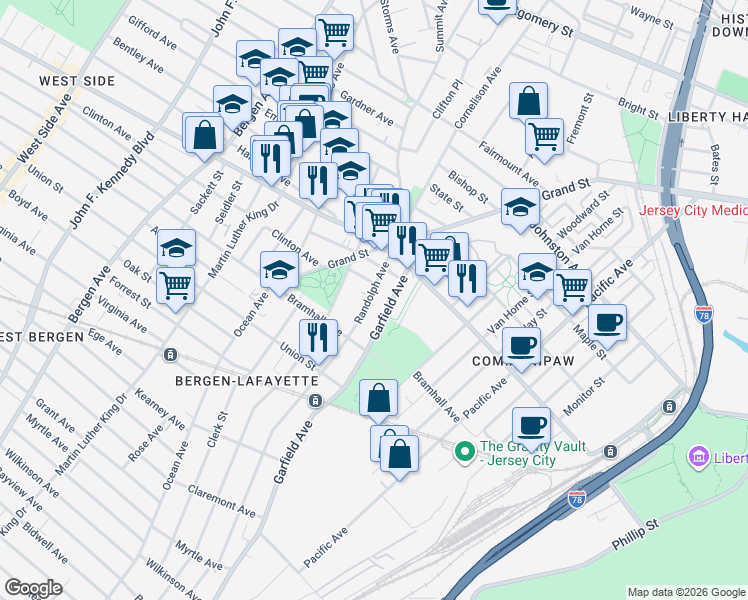 map of restaurants, bars, coffee shops, grocery stores, and more near 347 Randolph Avenue in Jersey City