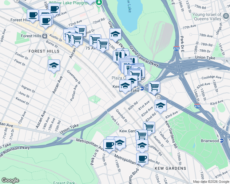 map of restaurants, bars, coffee shops, grocery stores, and more near 77-34 Austin Street in Queens