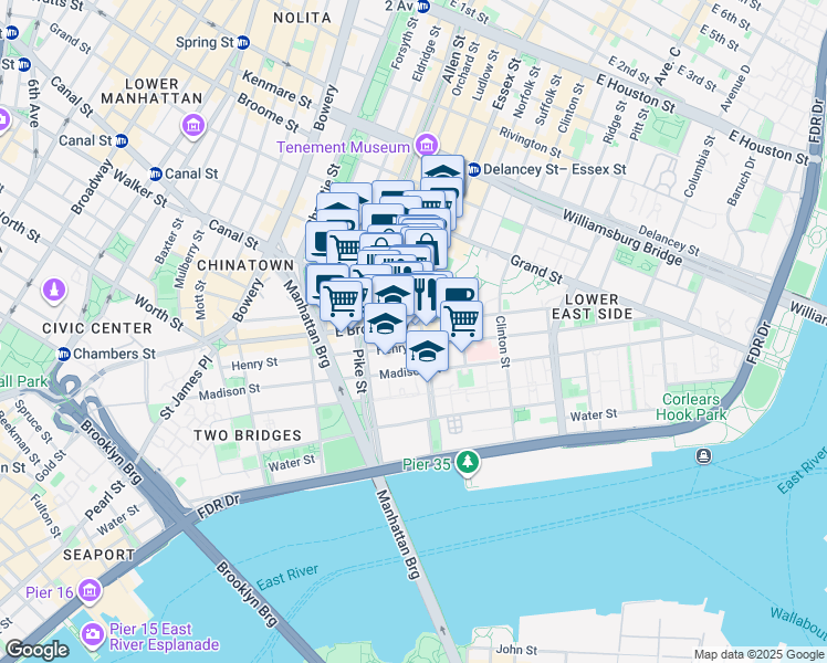 map of restaurants, bars, coffee shops, grocery stores, and more near 3 Canal Street in New York
