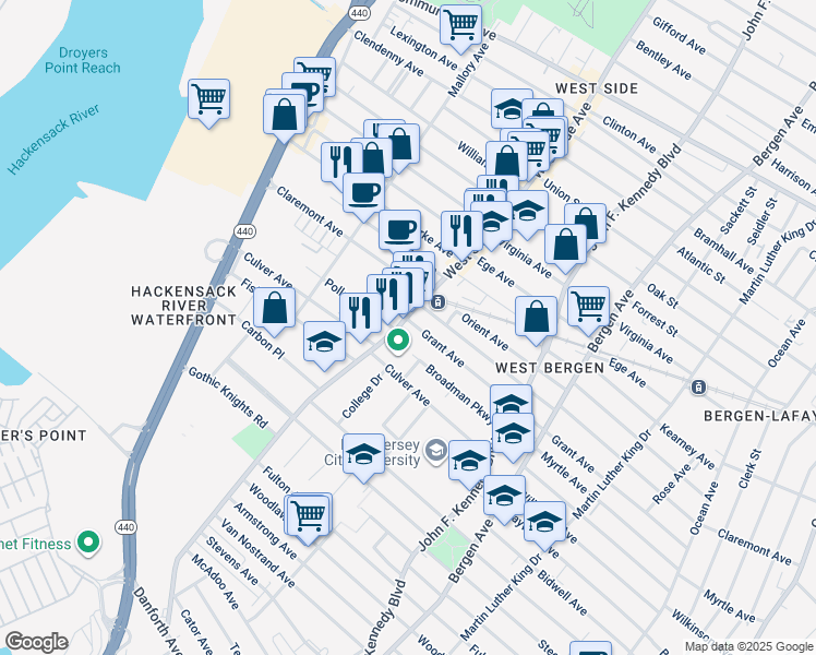 map of restaurants, bars, coffee shops, grocery stores, and more near 315 Grant Avenue in Jersey City