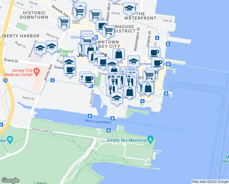 map of restaurants, bars, coffee shops, grocery stores, and more near 207 Warren Street in Jersey City