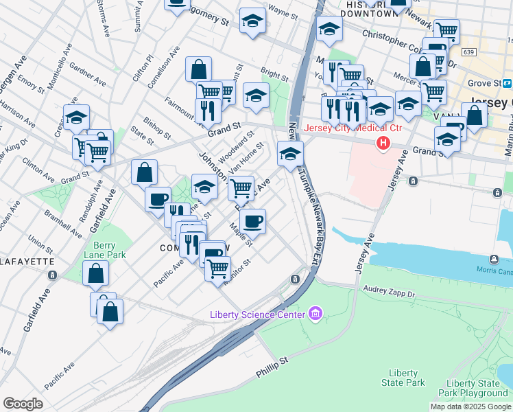 map of restaurants, bars, coffee shops, grocery stores, and more near 442 Pacific Avenue in Jersey City