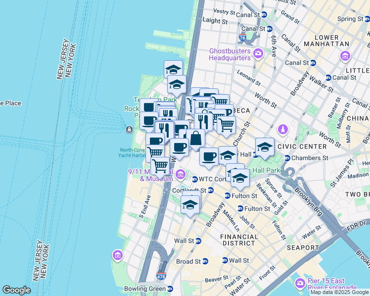 map of restaurants, bars, coffee shops, grocery stores, and more near 140 West Street in New York