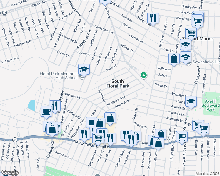 map of restaurants, bars, coffee shops, grocery stores, and more near 115 Kingston Avenue in South Floral Park