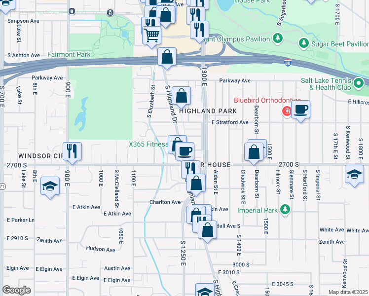 map of restaurants, bars, coffee shops, grocery stores, and more near 1256 East Crystal Avenue in Salt Lake City
