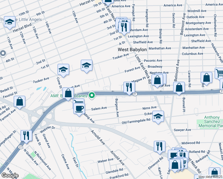 map of restaurants, bars, coffee shops, grocery stores, and more near 8 Cindy Drive in West Babylon