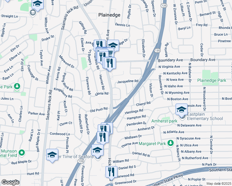 map of restaurants, bars, coffee shops, grocery stores, and more near 4 Gail Drive in Massapequa