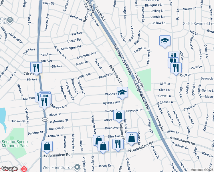 map of restaurants, bars, coffee shops, grocery stores, and more near 393 Hilda Street in East Meadow