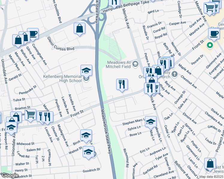map of restaurants, bars, coffee shops, grocery stores, and more near 423 Autumn Drive in East Meadow
