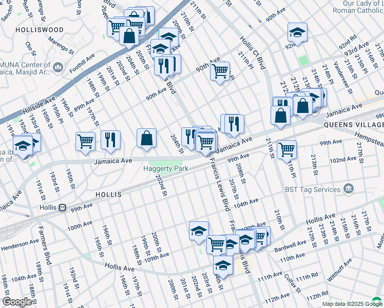 map of restaurants, bars, coffee shops, grocery stores, and more near 94-02 Francis Lewis Boulevard in Queens