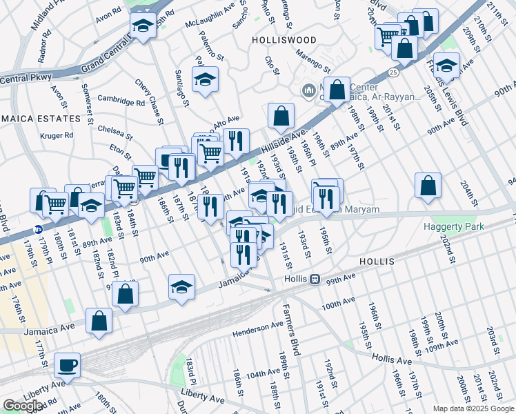 map of restaurants, bars, coffee shops, grocery stores, and more near 89-11 191st Street in Queens