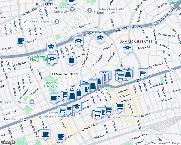 map of restaurants, bars, coffee shops, grocery stores, and more near 85-23 Kingston Place in Queens
