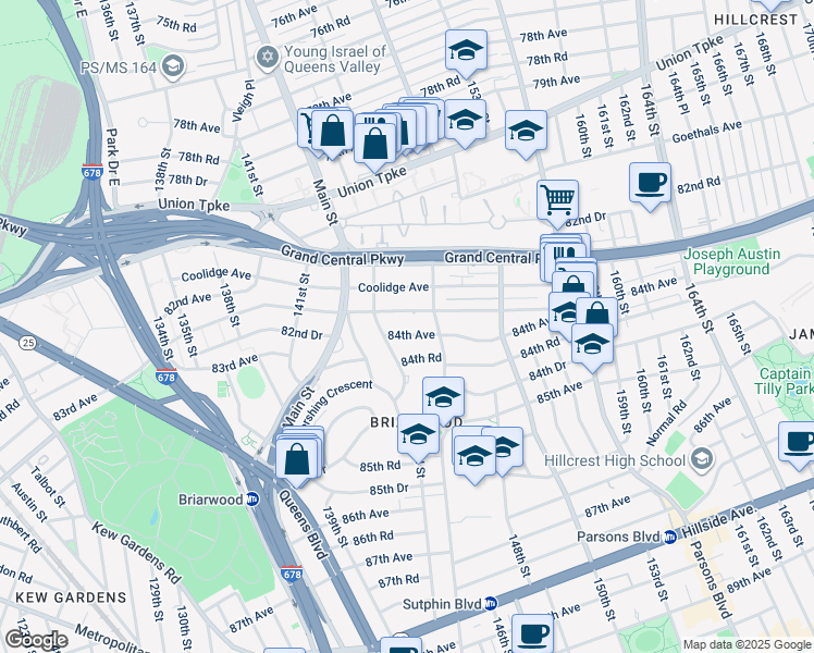 map of restaurants, bars, coffee shops, grocery stores, and more near 143-45 Hoover Avenue in Queens