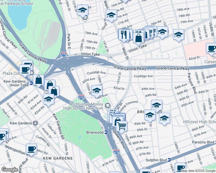 map of restaurants, bars, coffee shops, grocery stores, and more near 138-31 Hoover Avenue in Queens
