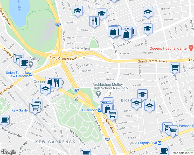 map of restaurants, bars, coffee shops, grocery stores, and more near 138-31 Hoover Avenue in Queens