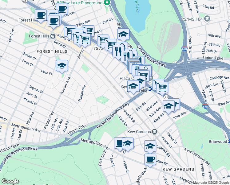 map of restaurants, bars, coffee shops, grocery stores, and more near 76-66 Austin Street in Queens