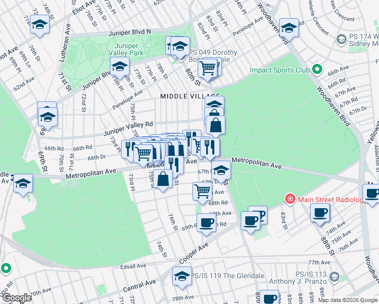 map of restaurants, bars, coffee shops, grocery stores, and more near 78-2 66th Road in Queens