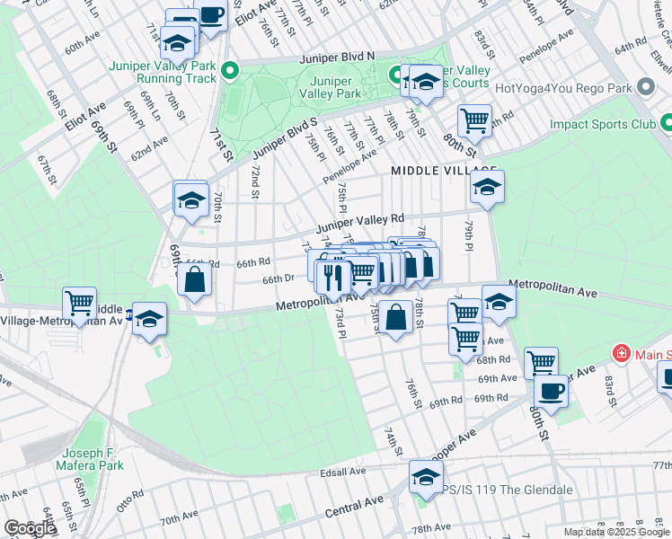 map of restaurants, bars, coffee shops, grocery stores, and more near 66-29 74th Street in Queens