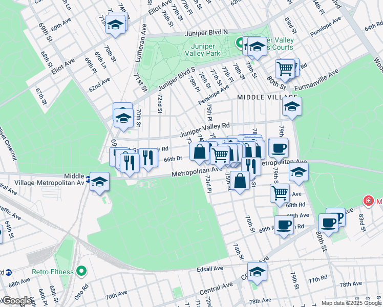 map of restaurants, bars, coffee shops, grocery stores, and more near 72-35 66th Road in Queens