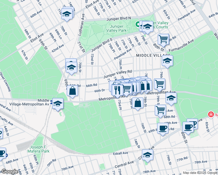map of restaurants, bars, coffee shops, grocery stores, and more near 72-35 66th Road in Queens
