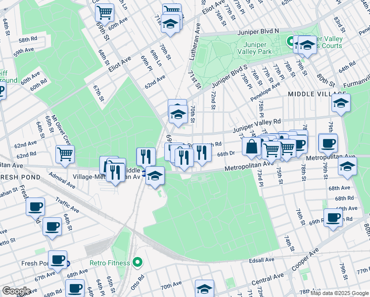 map of restaurants, bars, coffee shops, grocery stores, and more near 69-38 Juniper Valley Road in Queens