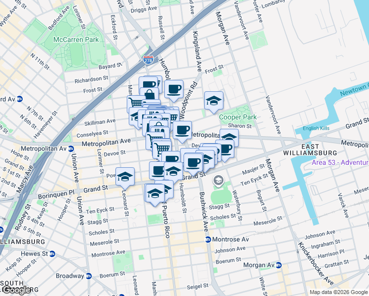 map of restaurants, bars, coffee shops, grocery stores, and more near 790 Metropolitan Avenue in Brooklyn