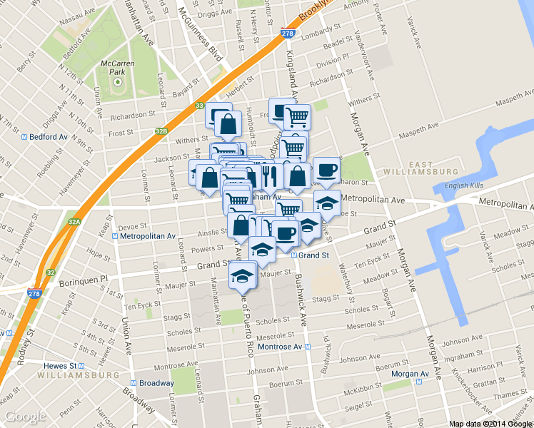 map of restaurants, bars, coffee shops, grocery stores, and more near 790 Metropolitan Avenue in Brooklyn