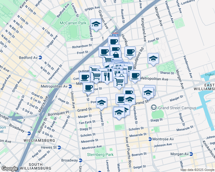 map of restaurants, bars, coffee shops, grocery stores, and more near 713 Metropolitan Avenue in Brooklyn