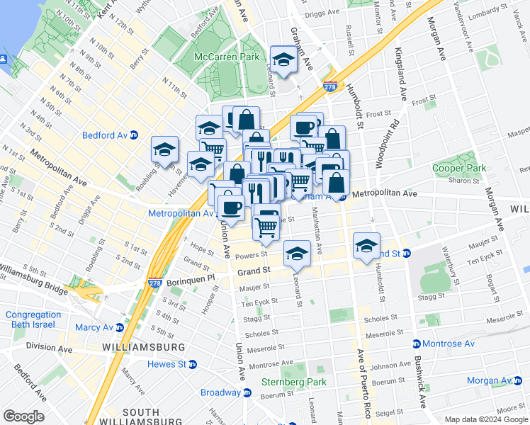 map of restaurants, bars, coffee shops, grocery stores, and more near in Brooklyn