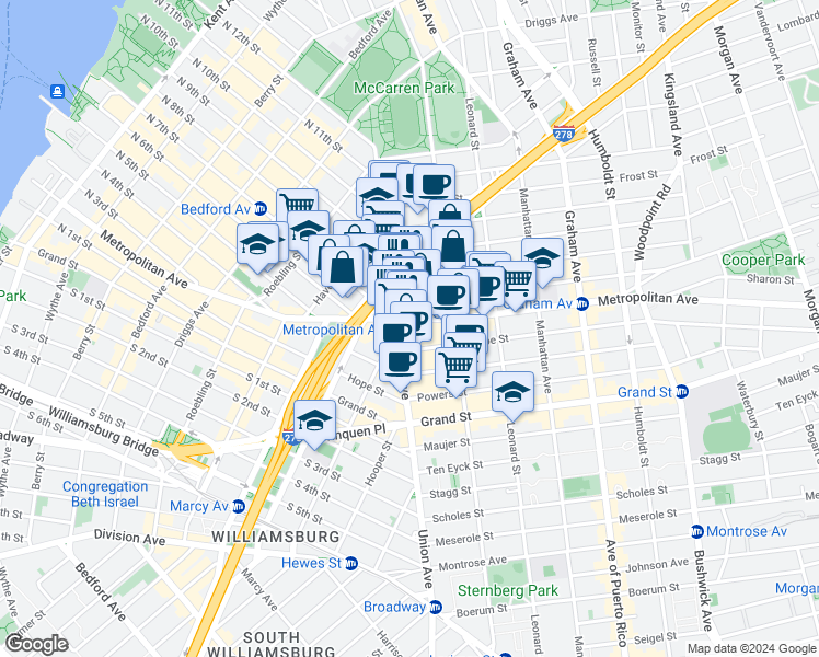 map of restaurants, bars, coffee shops, grocery stores, and more near 2 Conselyea Street in Brooklyn