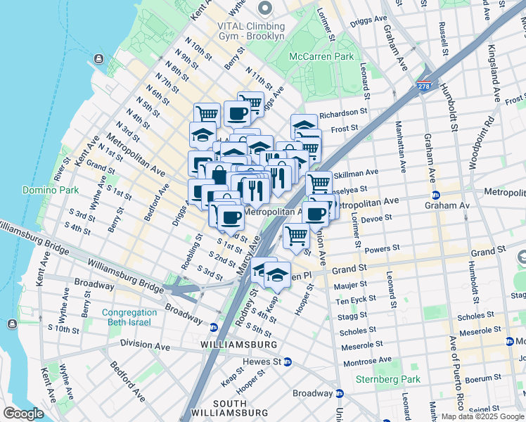 map of restaurants, bars, coffee shops, grocery stores, and more near 417-421 Metropolitan Avenue in Brooklyn