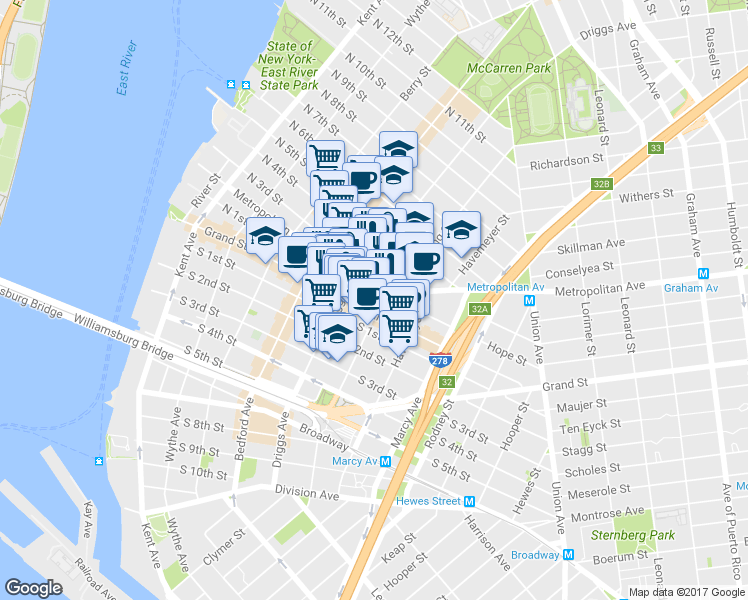 map of restaurants, bars, coffee shops, grocery stores, and more near 663A Driggs Avenue in Brooklyn
