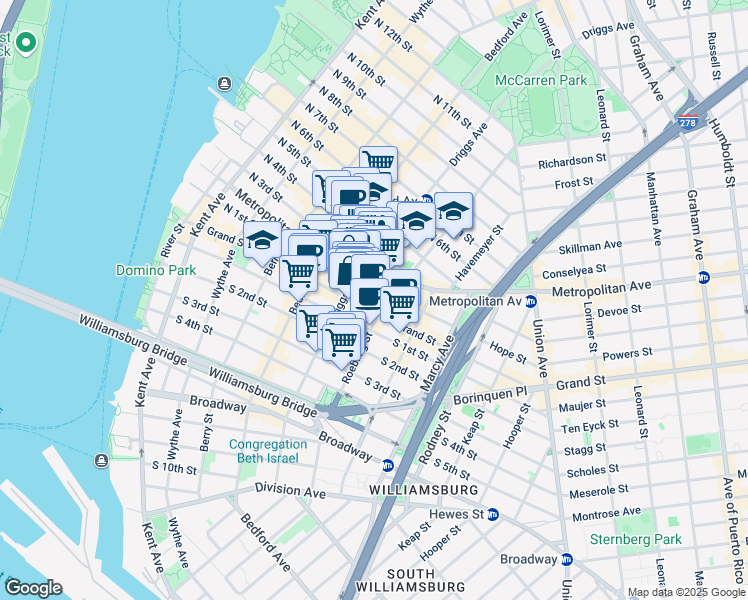 map of restaurants, bars, coffee shops, grocery stores, and more near 663A Driggs Avenue in Brooklyn