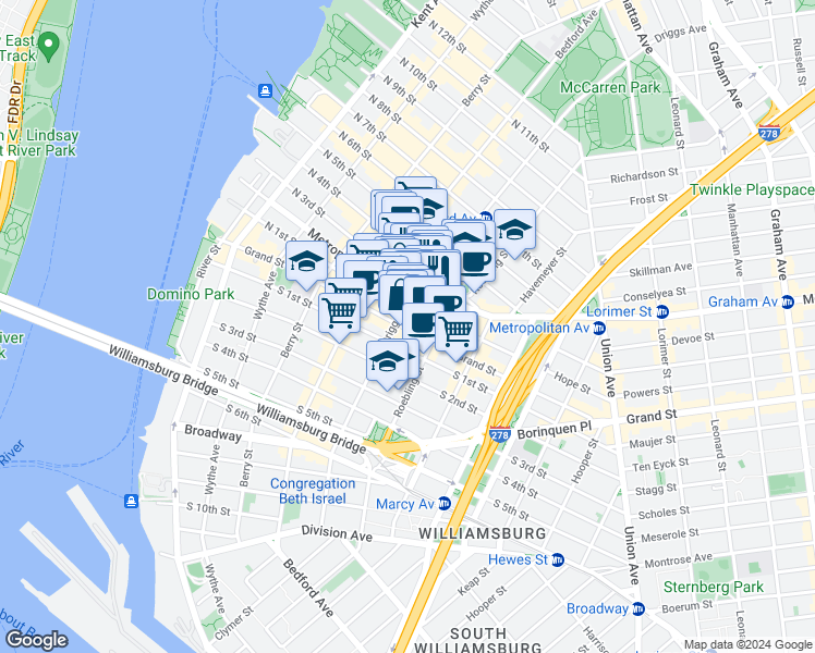 map of restaurants, bars, coffee shops, grocery stores, and more near 663A Driggs Avenue in Brooklyn