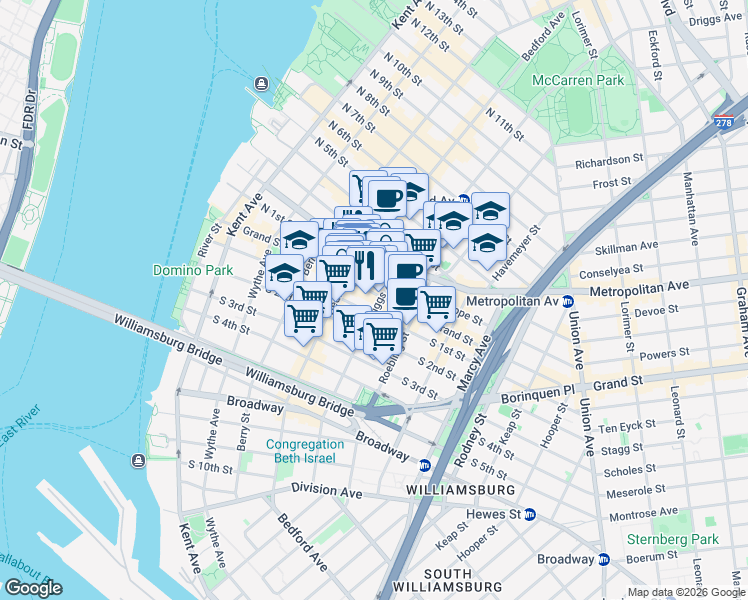 map of restaurants, bars, coffee shops, grocery stores, and more near 172 North 1st Street in Brooklyn