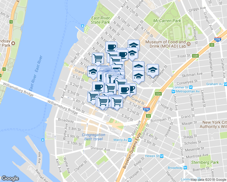 map of restaurants, bars, coffee shops, grocery stores, and more near 172 North 1st Street in Brooklyn