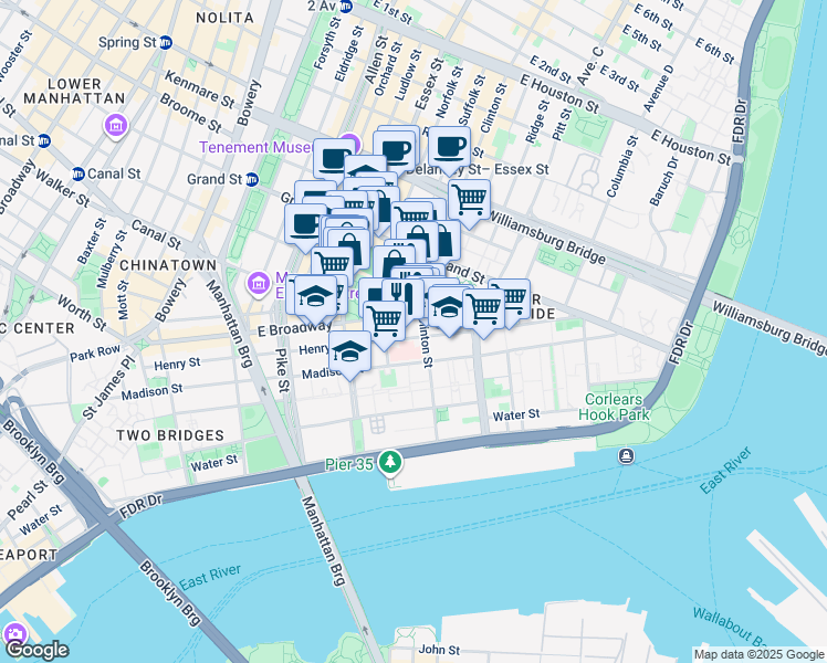 map of restaurants, bars, coffee shops, grocery stores, and more near 212 East Broadway in New York