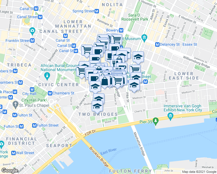 map of restaurants, bars, coffee shops, grocery stores, and more near 42 Division Street in New York