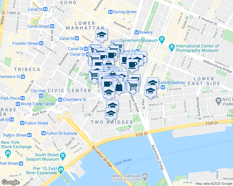 map of restaurants, bars, coffee shops, grocery stores, and more near 19 Bowery in New York