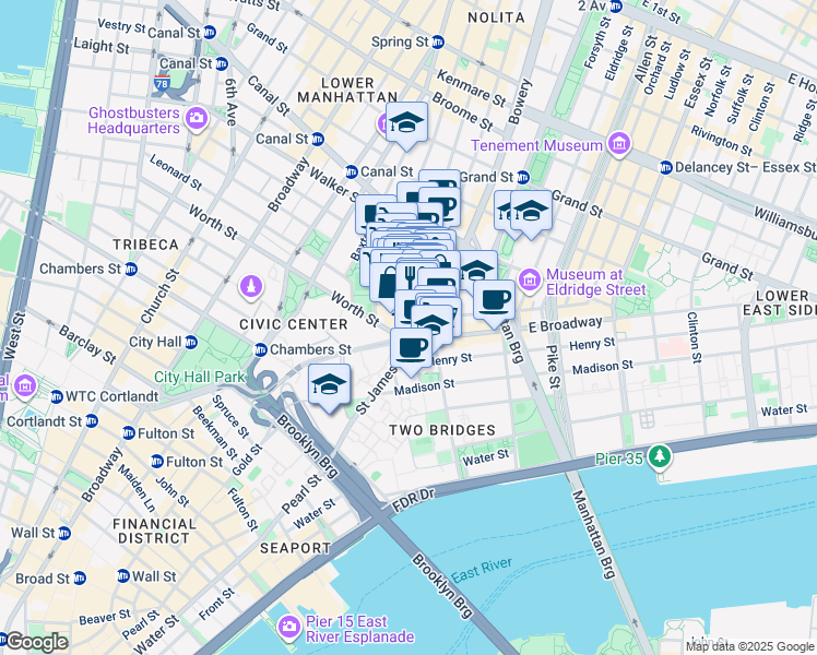 map of restaurants, bars, coffee shops, grocery stores, and more near 12 Chatham Square in New York