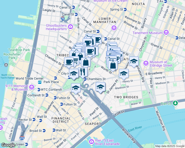 map of restaurants, bars, coffee shops, grocery stores, and more near 111 Foley Square in New York